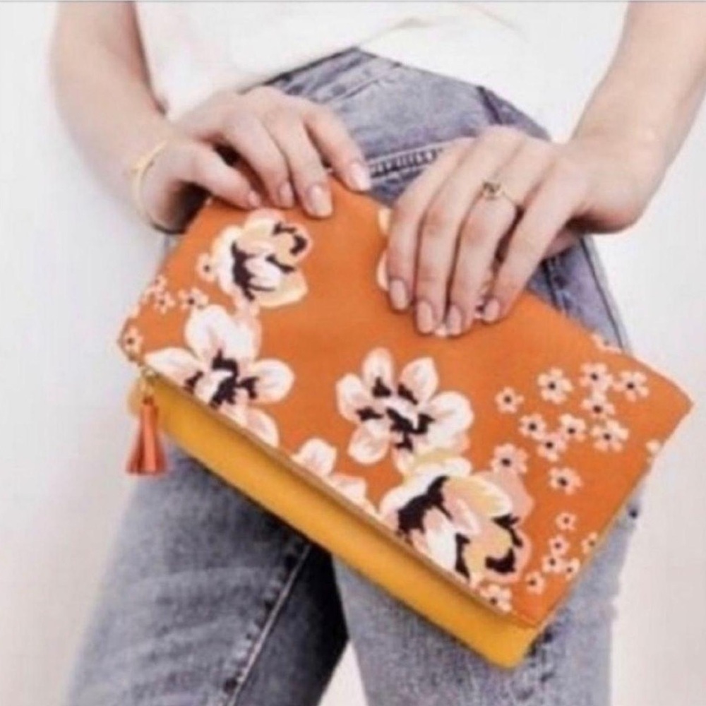 Rachel Pally Reversible Clutch Pouch Bag Floral Orange Gold Canvas Faux Leather
